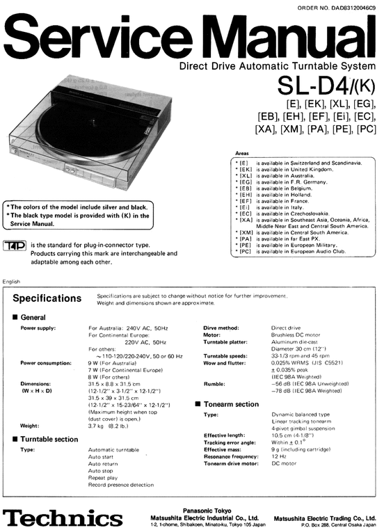 Product picture Technics SL-D4 Turntable , Service Manual