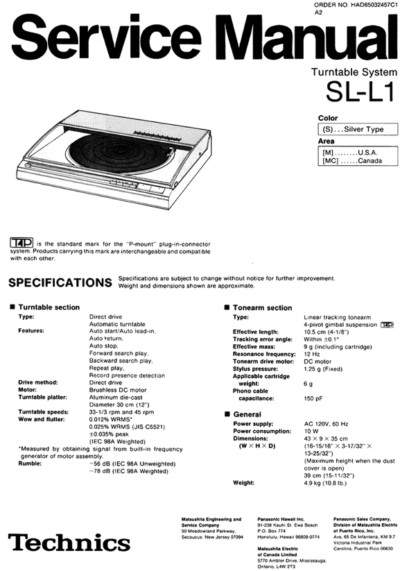 Product picture Technics SL-L1 Turntable , Service Manual & Supplement