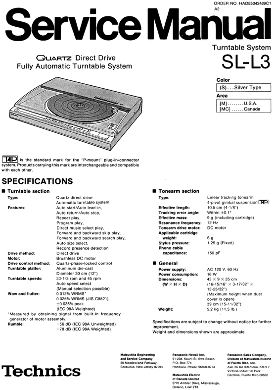Product picture Technics SL-L3 Turntable , Service Manual