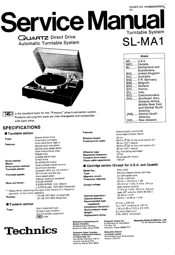 Product picture Technics SL-MA1  Turntable , Service Manual