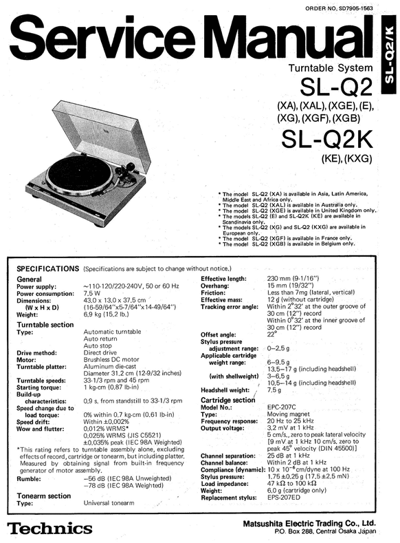 Product picture Technics SL-Q2  Turntable , Service Manual