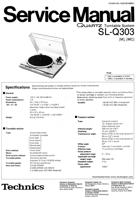 Product picture Technics SL-Q303  Turntable , Service Manual