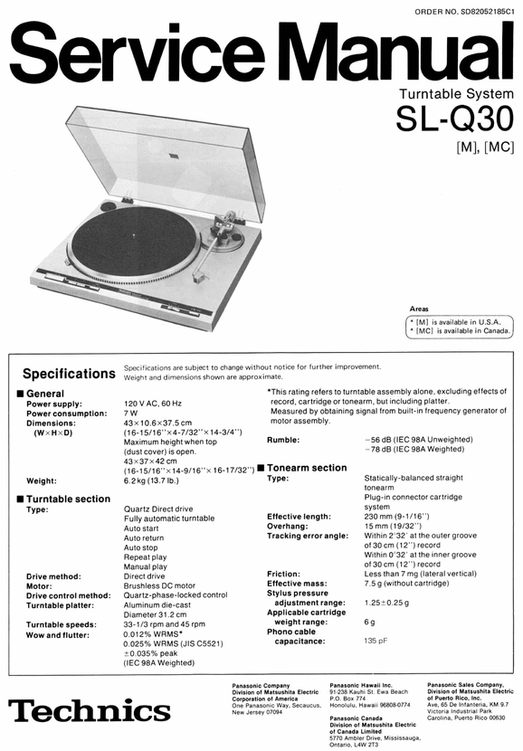 Product picture Technics SL-Q30  Turntable , Service Manual