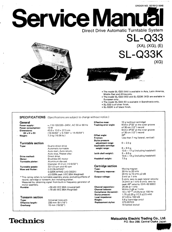 Product picture Technics SL-Q33  Turntable , Service Manual