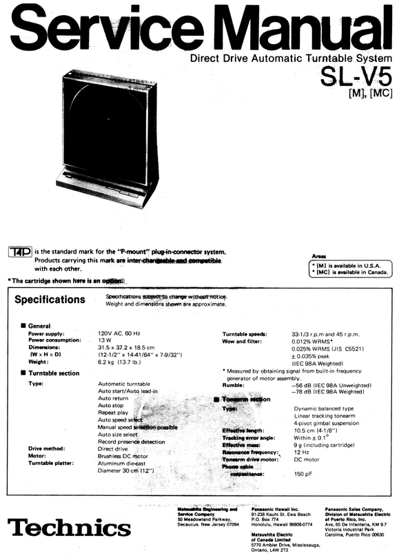 Product picture Technics SL-V5  Turntable , Service Manual