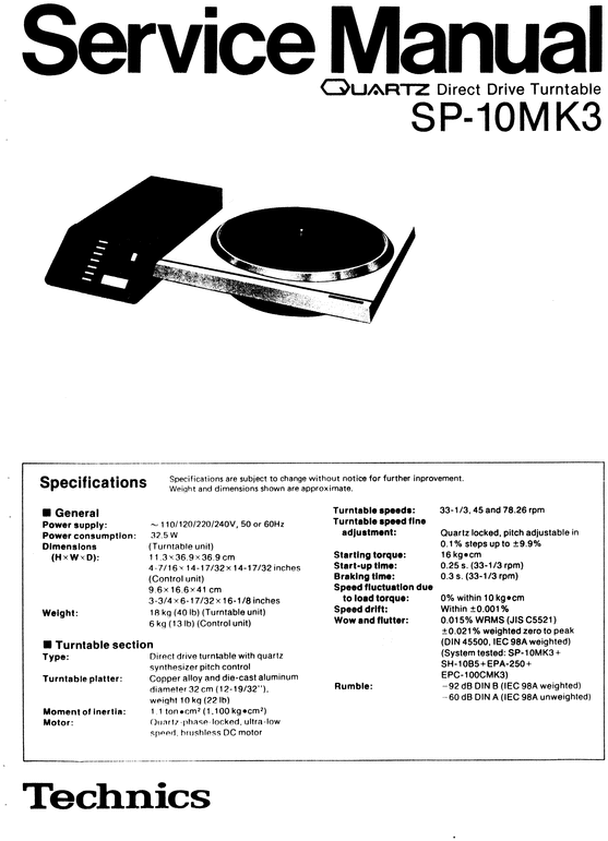 Product picture Technics SP-10 mk3  Turntable , Service Manual
