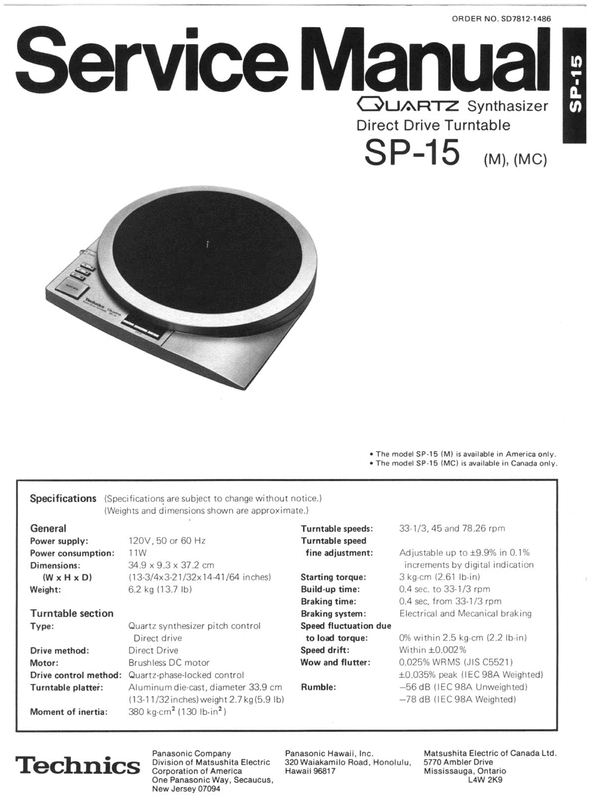 Product picture Technics SP-15 Turntable , Service Manual