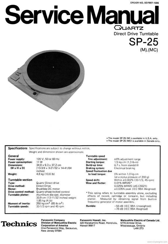 Product picture Technics SP-25 Turntable , Service Manual