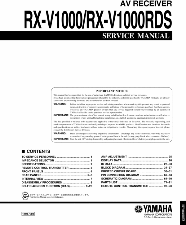 Product picture Yamaha RXV-1000-RDS Service Manual for repair