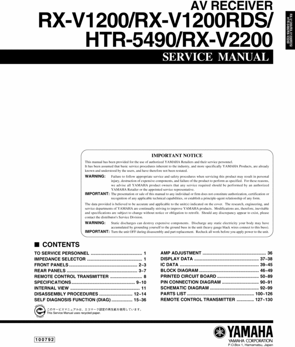 Product picture Yamaha RXV-1200 , RXV-2200 , HTR-5490  Service Manual
