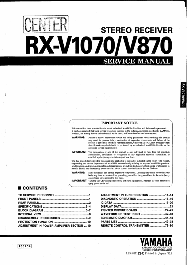 Product picture Yamaha RXV-1070 , RXV-870 Service Manual for repair