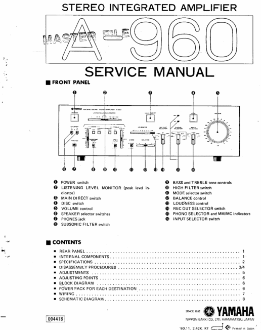 Product picture Yamaha A-960 Amplifier, Original Service Manual