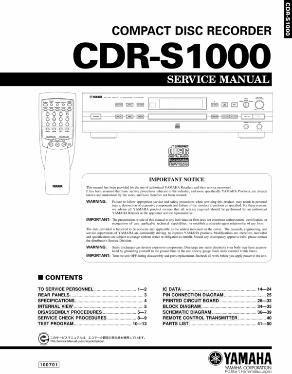 Product picture Yamaha CDR-S-1000  Service-Workshop Manual for repair